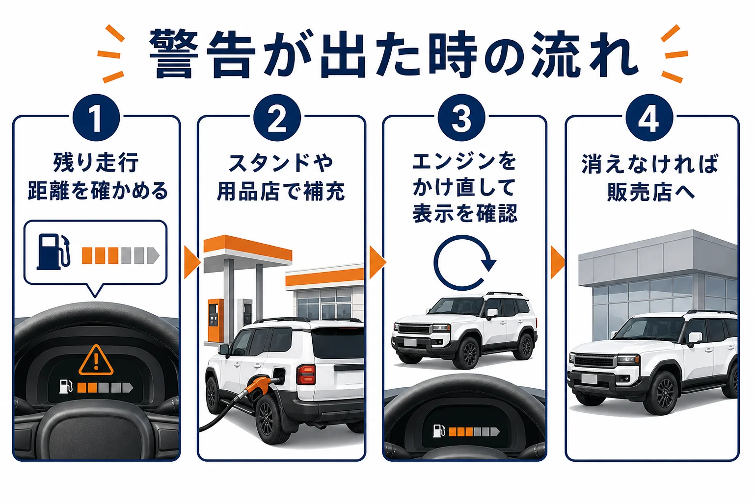 ランクル250でアドブルーの警告が出た時の対処を4つの手順で示した図解