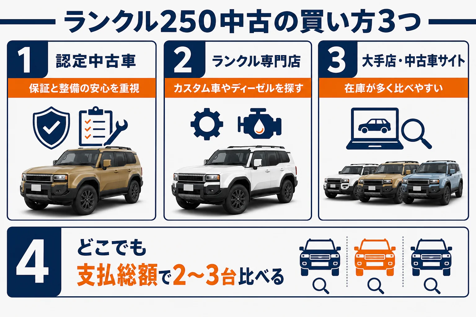 ランクル250の中古を認定中古車・専門店・大手店で比べた図解