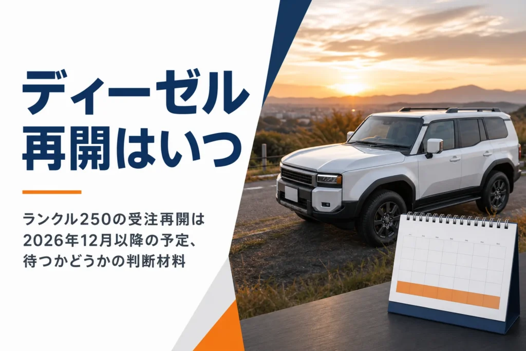 大型SUVと12月のカレンダーで受注再開を待つイメージ