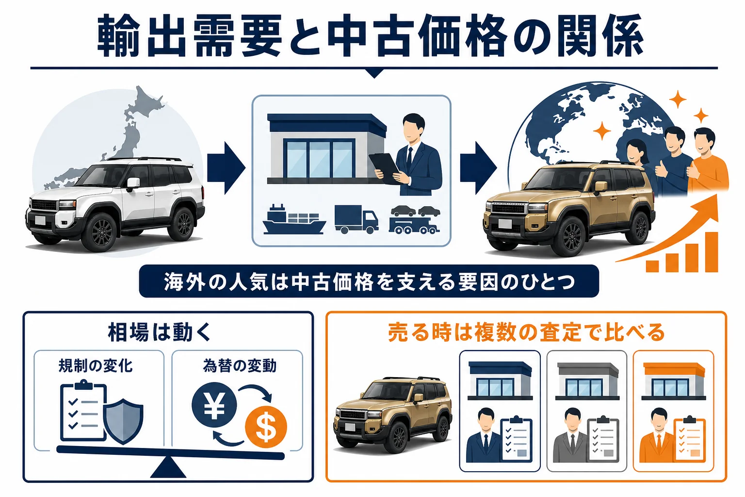 輸出需要がランクル250の中古価格に関わる流れを示した図解