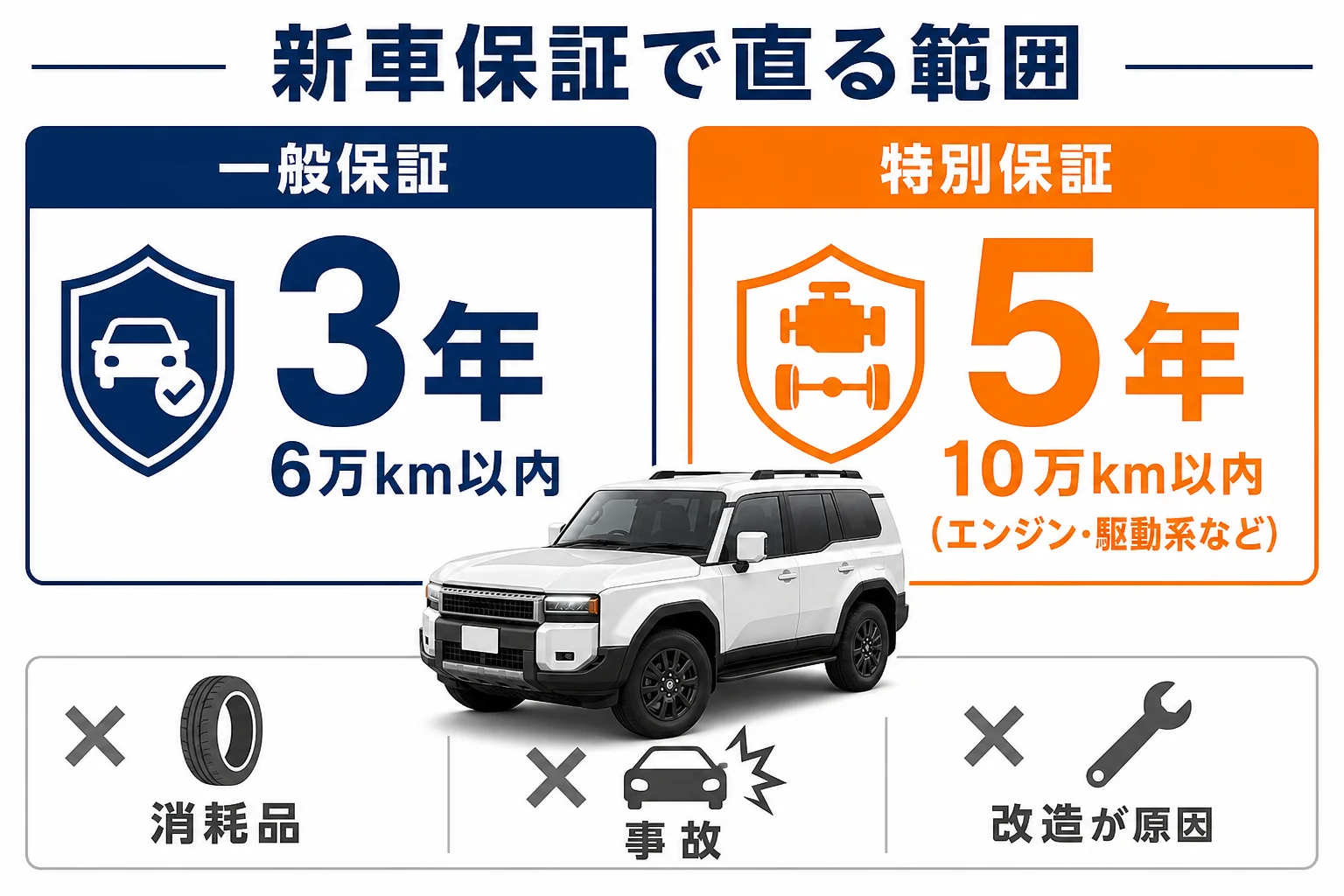 トヨタの一般保証と特別保証の期間と対象を比べた図解