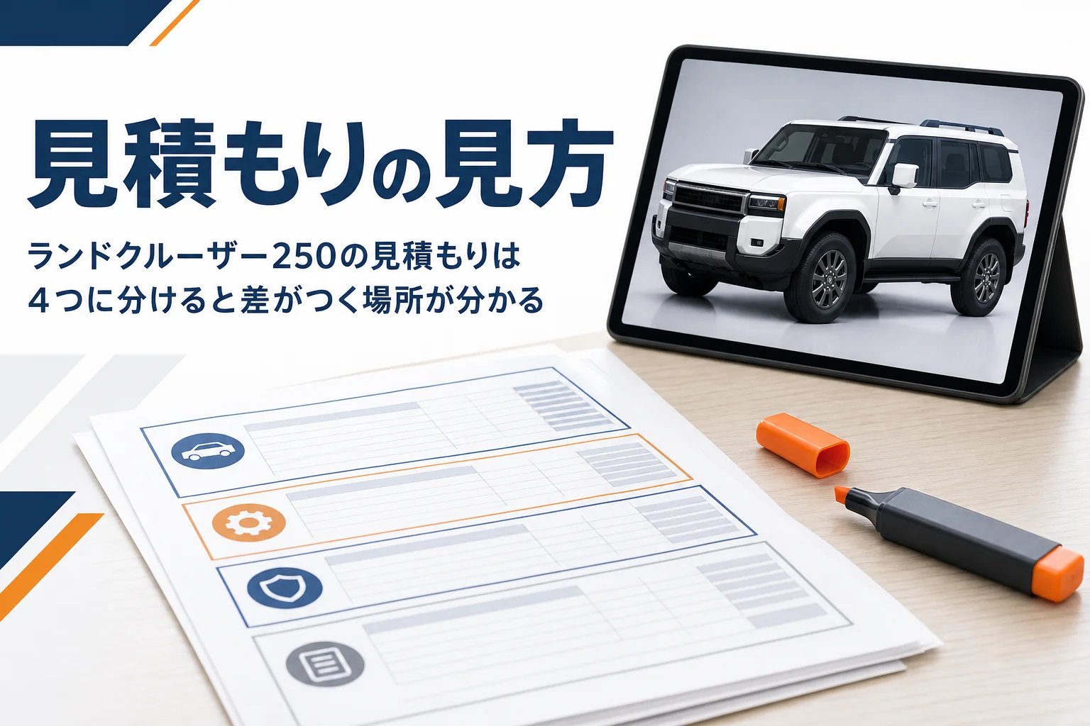 新車の見積書に蛍光ペンで印を付けているイメージ
