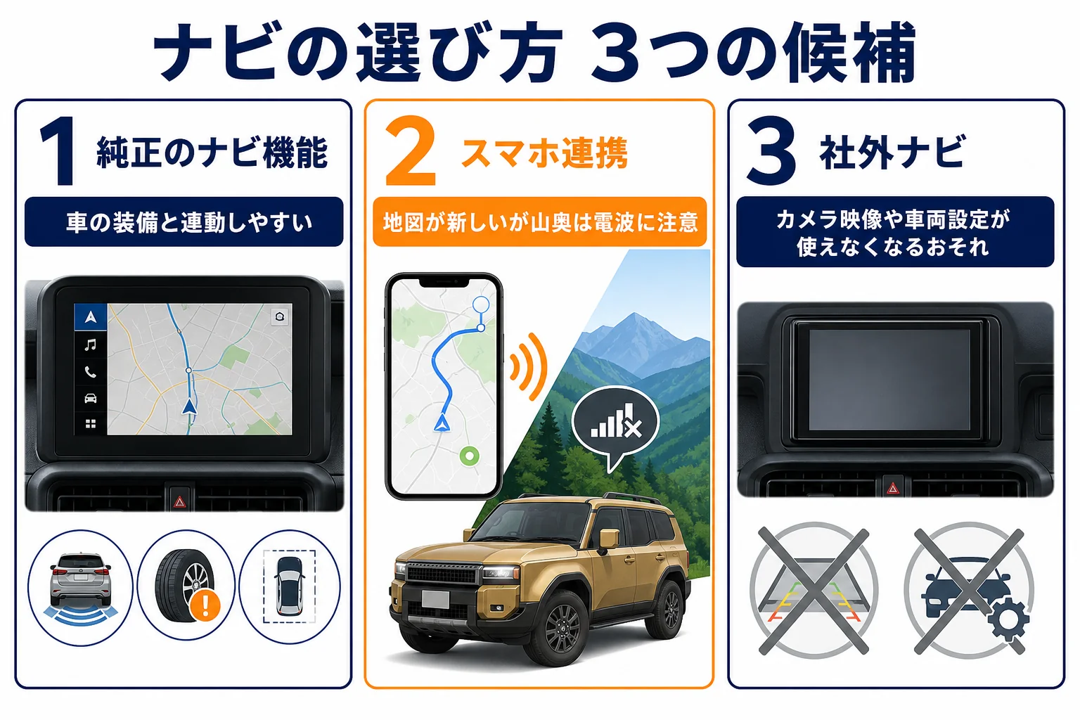 ランクル250のナビの選び方を純正・スマホ連携・社外で比べた図解