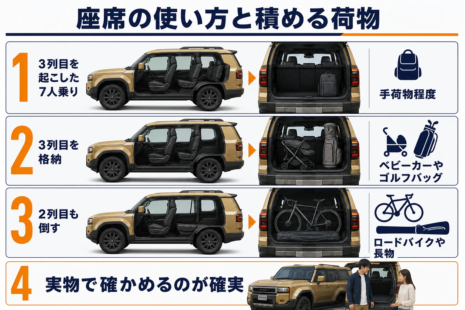 ランドクルーザー250の座席の使い方別に積みやすい荷物をまとめた図解