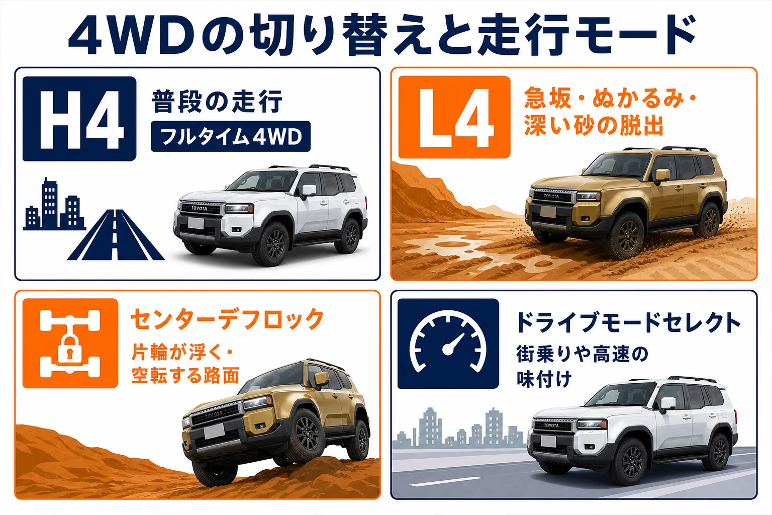 ランクル250の4WDの切り替えと走行モードの使い分けを並べた図解