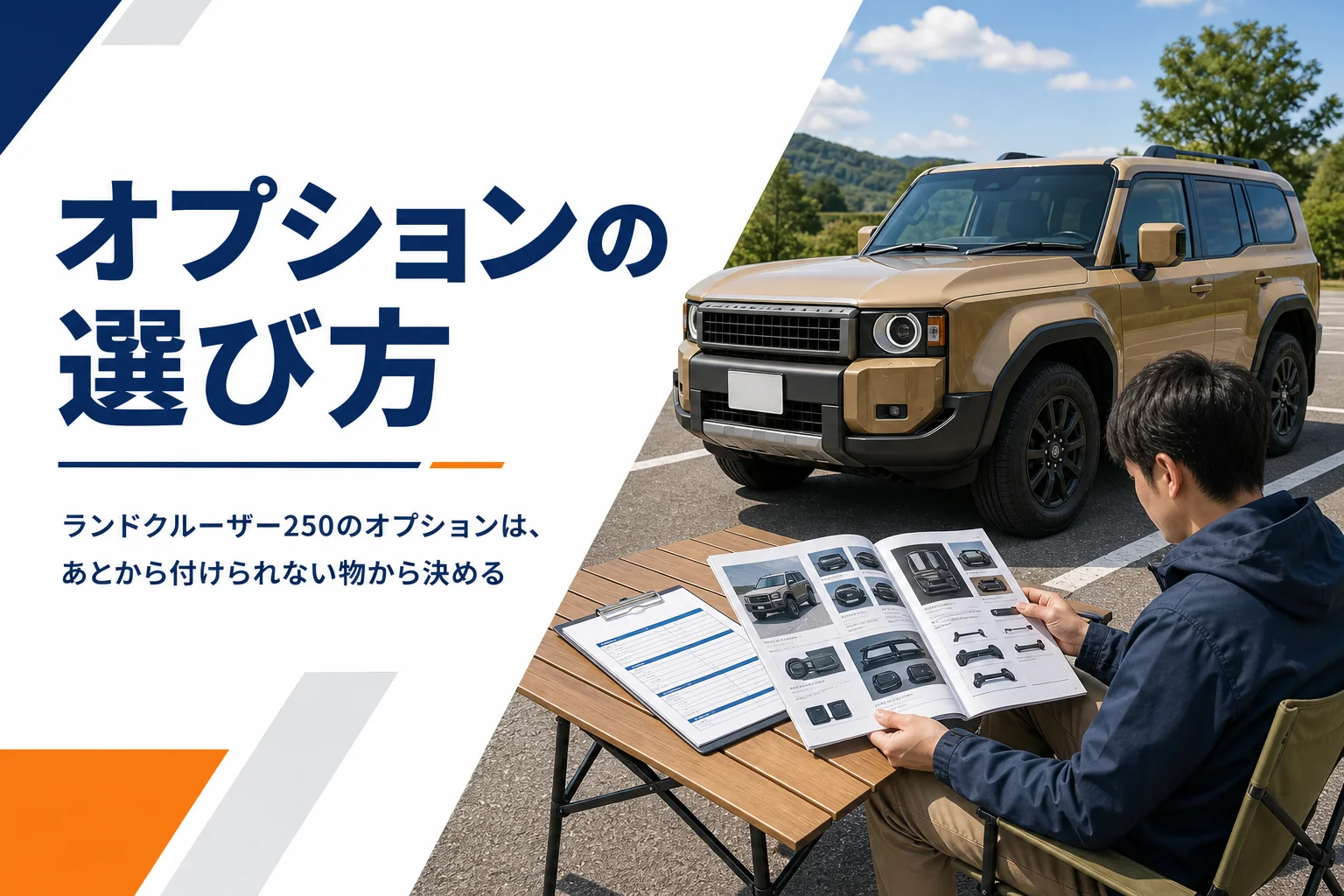大型SUVの前でアクセサリーカタログを広げてオプションを選ぶイメージ