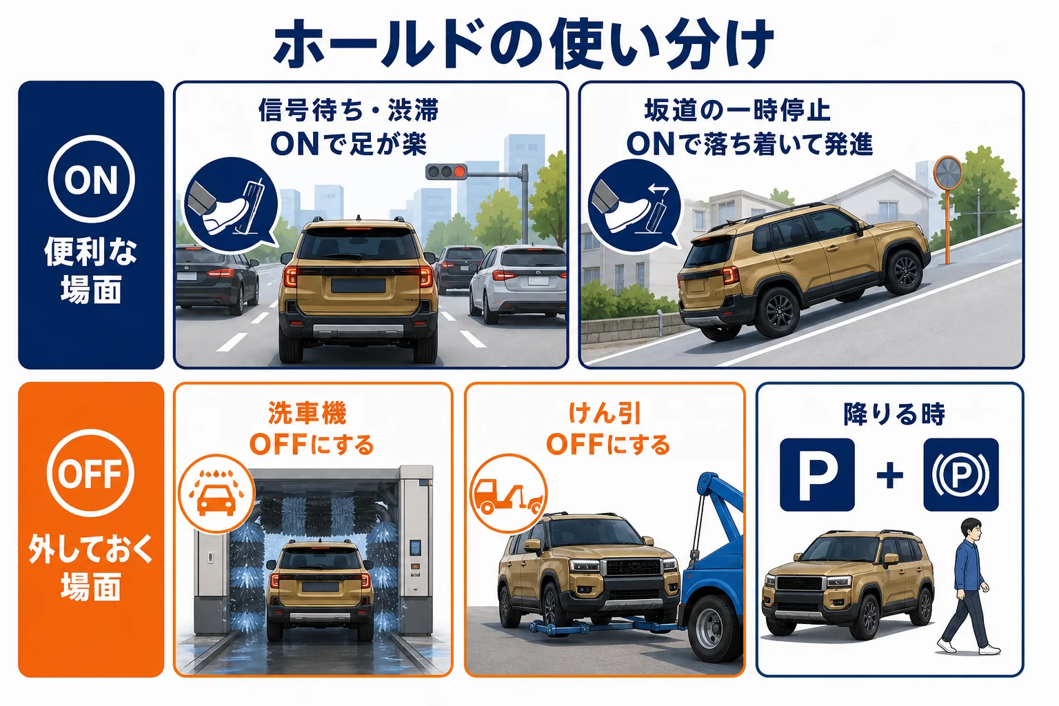 ランクル250のブレーキホールドとパーキングブレーキの使い分けをまとめた図解