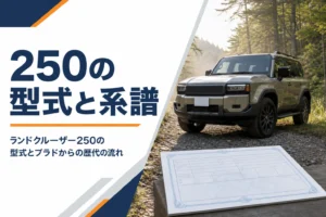 大型の本格SUVと車検証で型式を確かめるイメージ