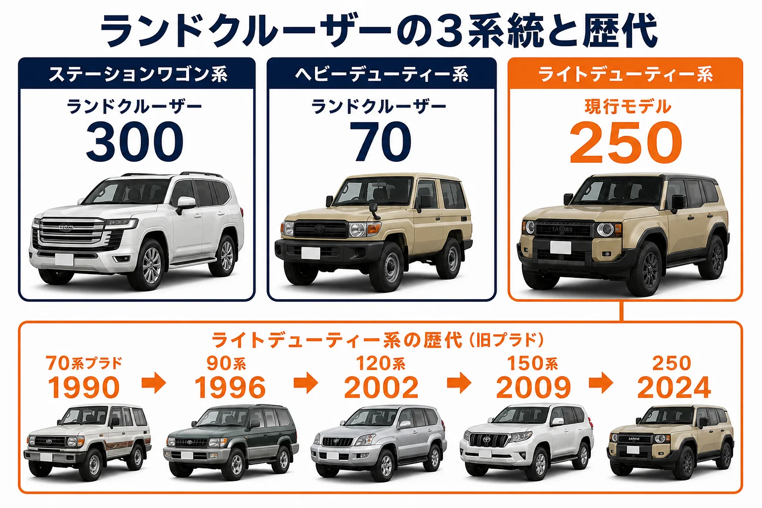 ランドクルーザーの3系統と、プラド70系から250までの歴代の流れをまとめた図解