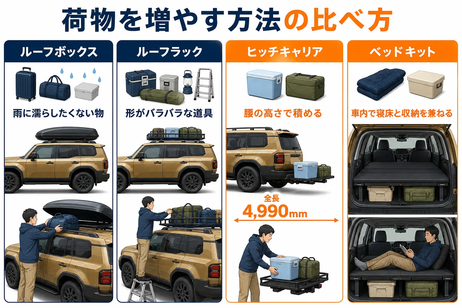 ランクル250に荷物を増やす方法を屋根とヒッチと車内で比べた図解