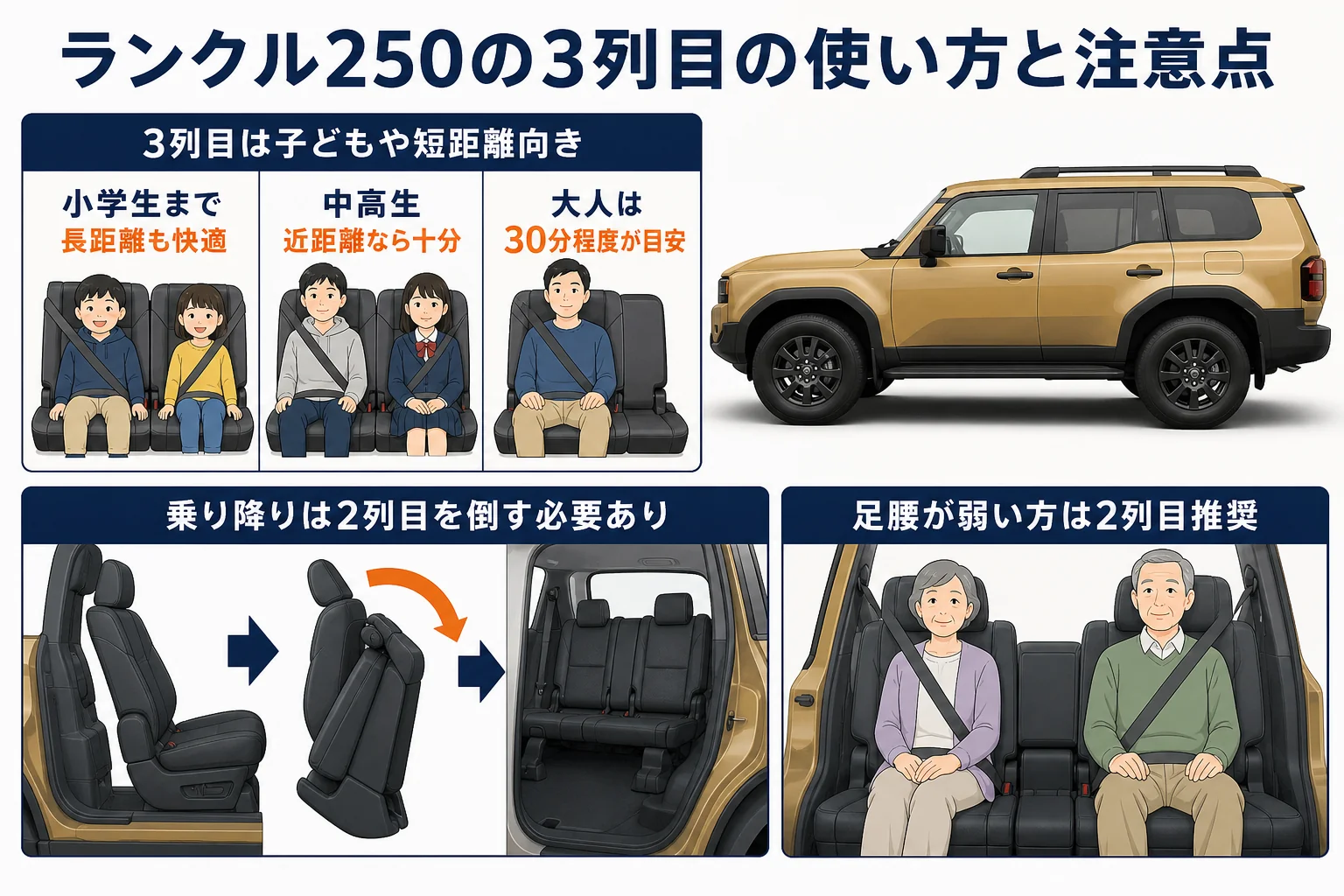 ランクル250の3列目の使い方と注意点をまとめた図解